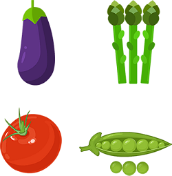 Eggplant peas tomato asparagus bean